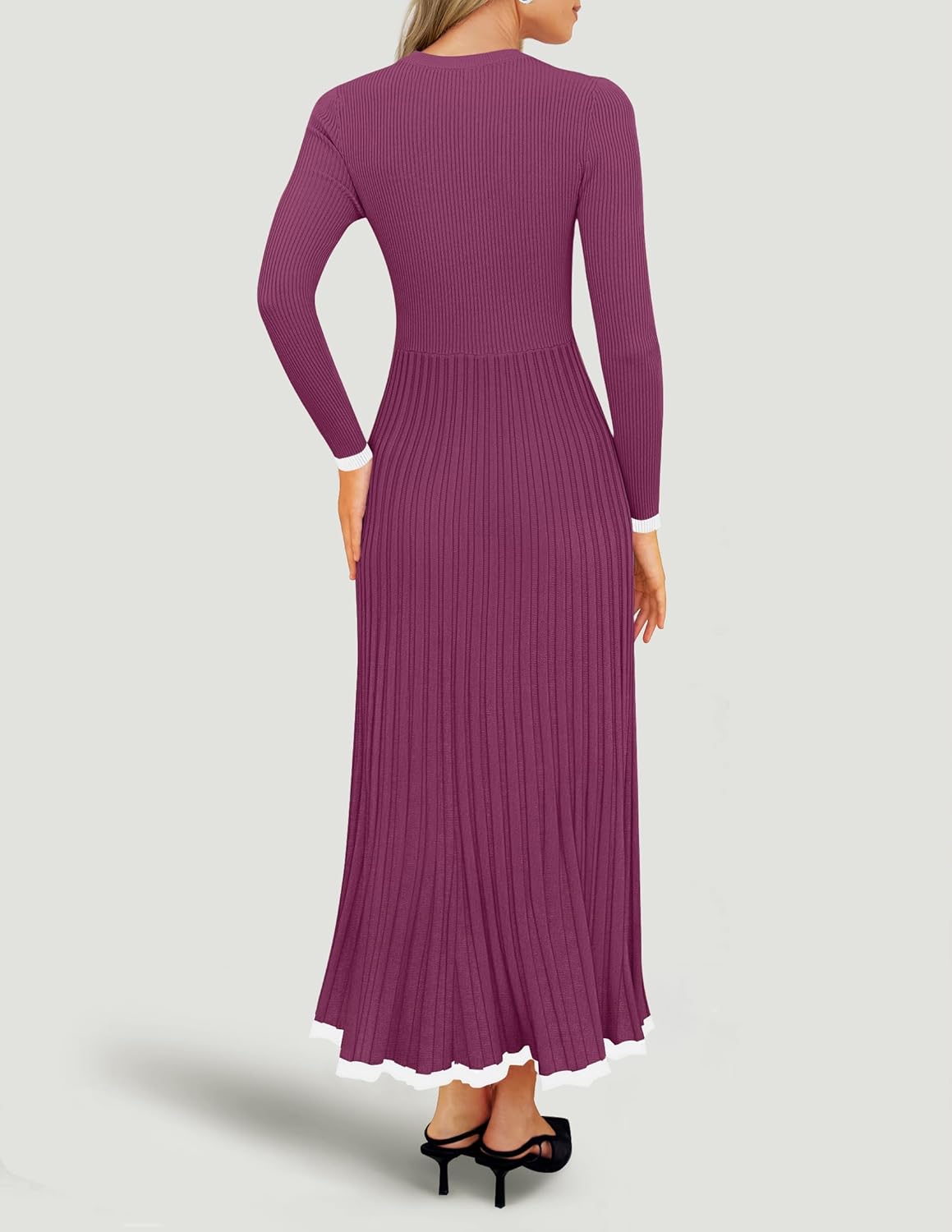 ZESICA Women's Long Sleeve Sweater Dress Fall 2026 Crewneck Ribbed Knit Pleated A-Line Maxi Wedding Guest Dresses - Image 4
