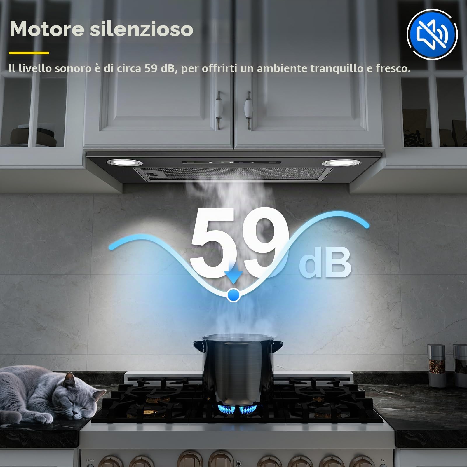 Cappa da incasso 52 cm, 400 m³/h, Nero Cappa da cucina, Comandi Gesto, Tocco, 3 velocità e Booster, Illuminazione a LED, Evacuazione dei condotti e ricircolo con filtro carbone attivo