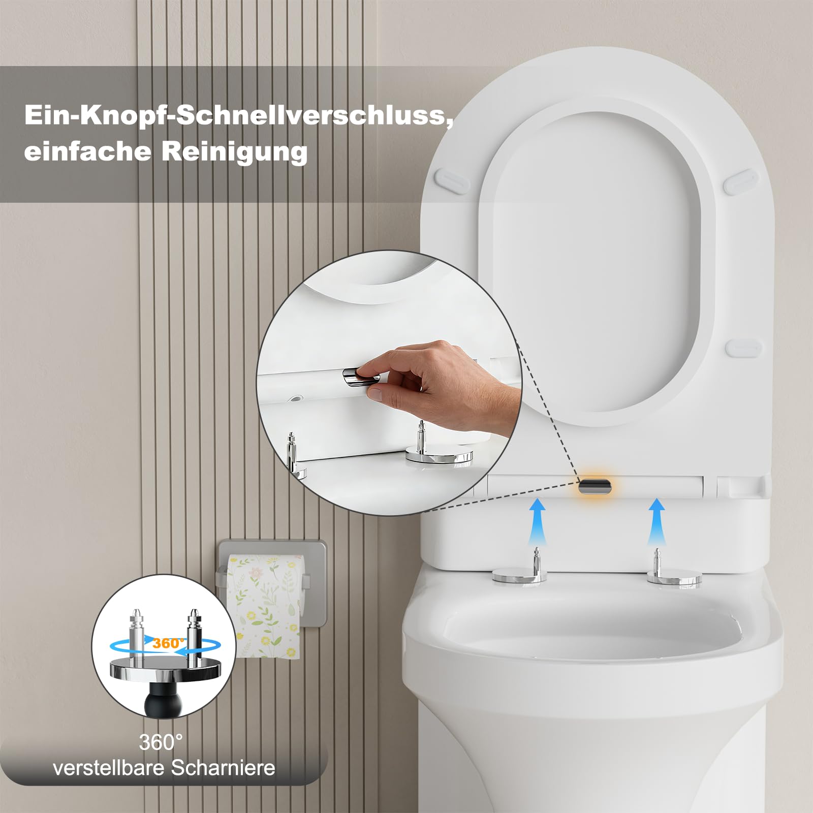 SURFOU Toilettendeckel mit Absenkautomatik, Hochwertiger UF/Duroplast WC Sitz in D-Form, mit Schnellverschluss für leichte Reinigung, Belastbar bis 200 kg, mit Gummidübeln für wackelfreien Halt