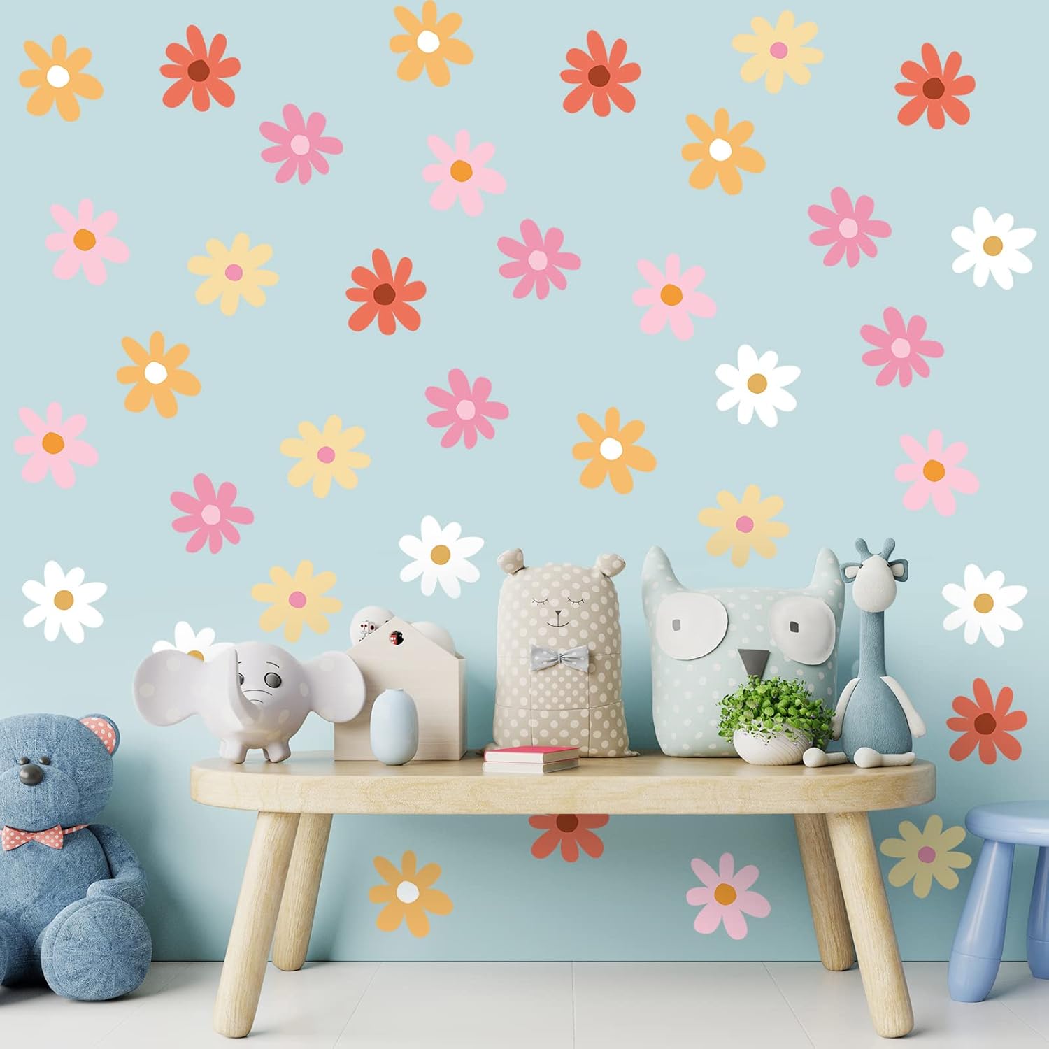 BBTO Daisy Wall Decal Flower Vinyl Wall Floral Decals Peel and Stick Daisy Stickers for Kids Nursery Art Bedroom Living Room(Pink, White, Orange)