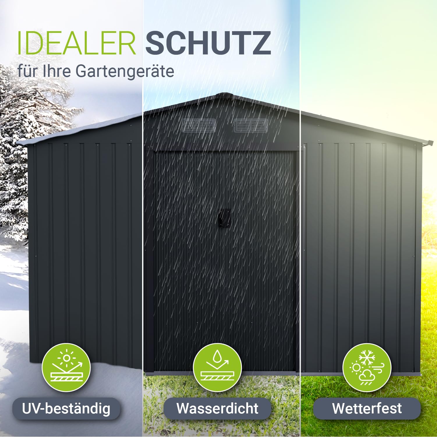 Juskys Geräteschuppen Metall XXL – Gartenhaus & Gerätehaus mit Schiebetür, Fundamentrahmen & Schloss, wetterfester Gartenschrank zur Aufbewahrung – Dunkelgrau