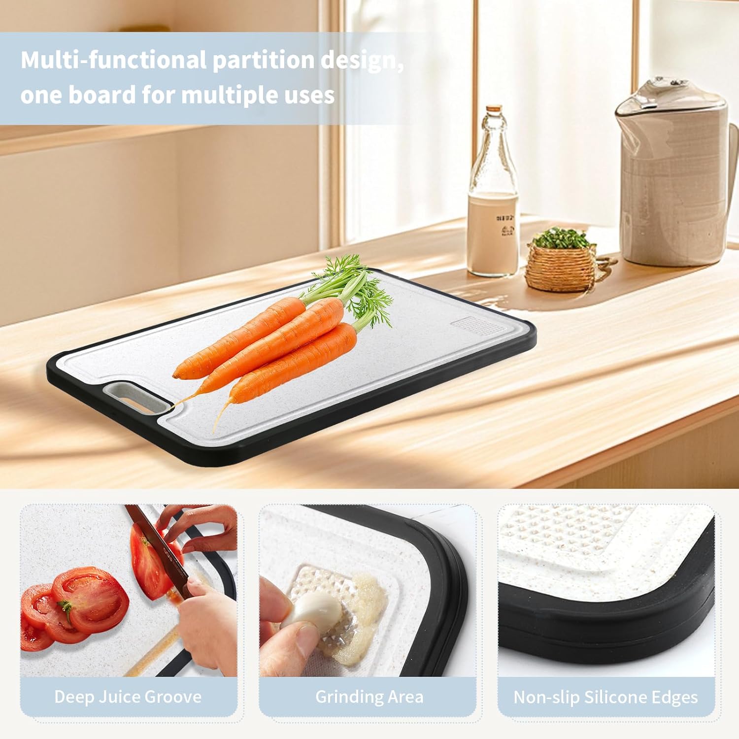 PureTitanium Cutting Boards for Kitchen, Cutting Board Double Sided Food Grade, Titanium/Wheat Straw PP Chopping Board with Juice Groove,Large Size 15.6"×10.6",Dishwasher Safe, Easy to Clean