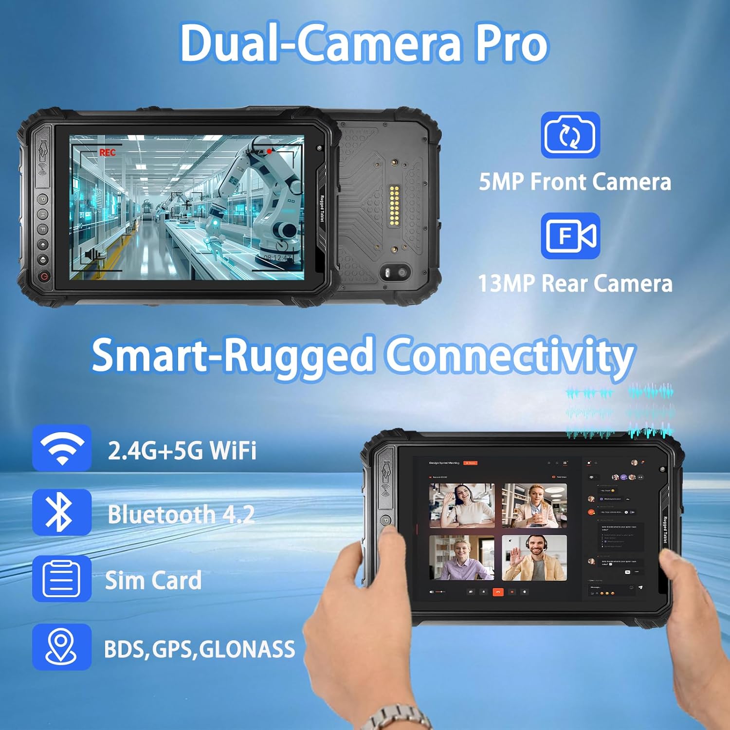 Smart-Rugged Connectivity features including 2.4G+5G WiFi, Bluetooth 4.2, SIM Card, and BDS, GPS, GLONASS