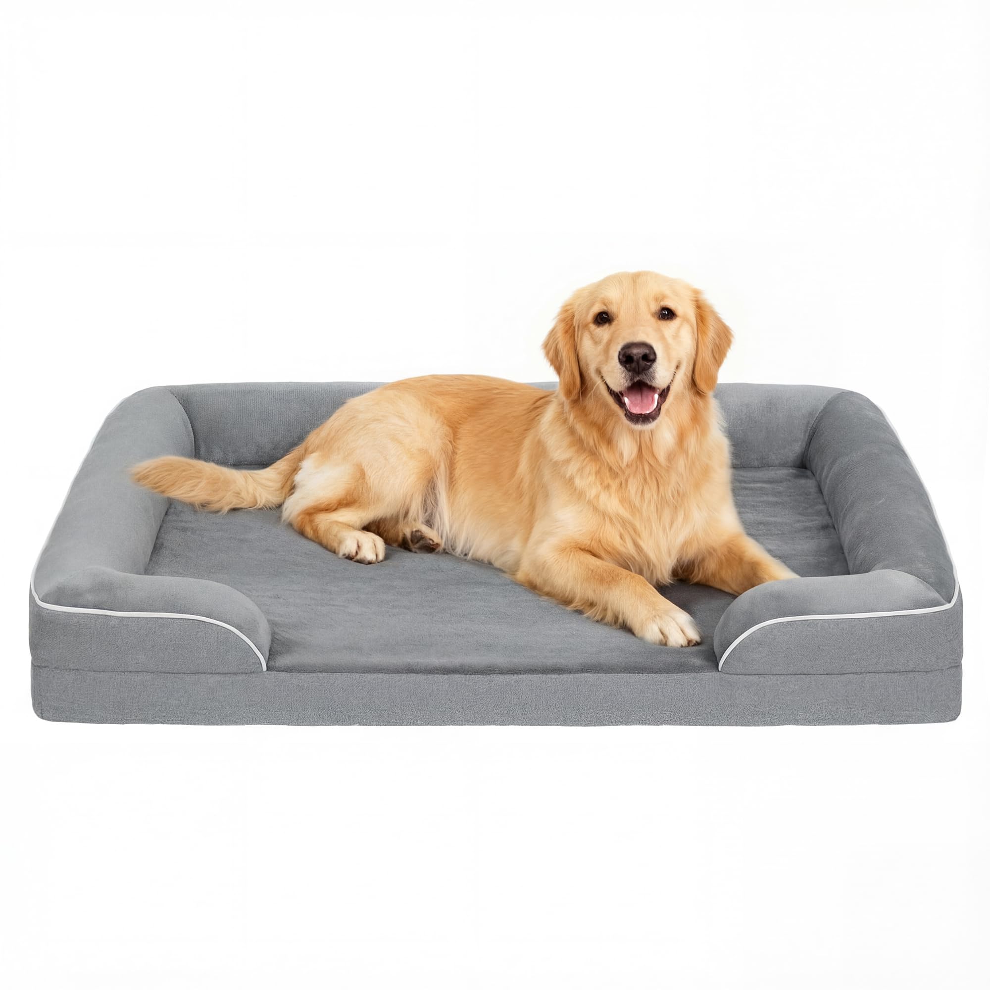 PawHut Memory Foam Dog Bed Sofa, Washable Orthopedic Dog Bed Couch with Removable Flannel Cover, 3-Sided Pet Pillow with U-Shape Bolster, Non-Slip Bottom, Grey, 112 x 80 x 16.5 cm