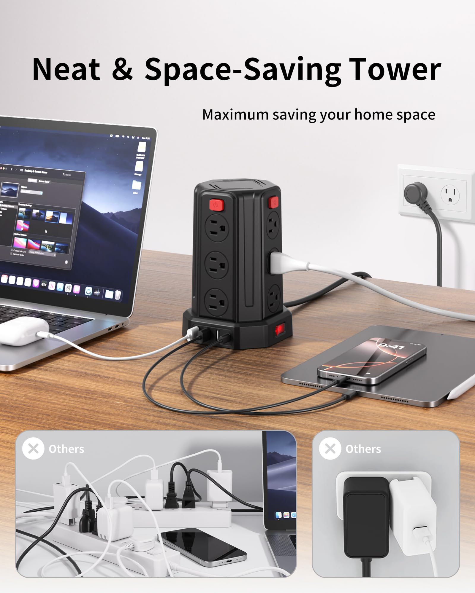 SMALLRT Verlängerungskabel, 1,8 m, mit 12 Wechselstrom-Steckdosen, 4 USB (1 USB C), Schreibtisch-Ladestation für Zuhause, Büro, Studentenwohnheim