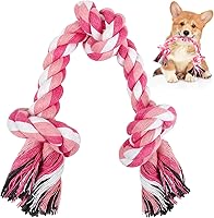 SZEE Pink Dog Rope Toy 14" 3 Knots Natural Cotton Chew Toy for Small Medium Dogs Tug of War Teeth Cleaning