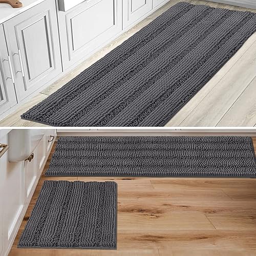 H.VERSAILTEX Paquete de alfombras de felpilla a rayas, 2-47 x 17 pulgadas/17 x 24 pulgadas y paquete de 1-59 x 20 pulgadas, color gris