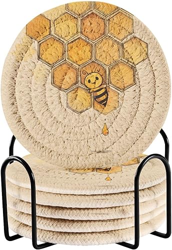 Miniatura 1 de Cute Bees Vintage Cotton Coasters Set of 6 with Holder Coasters for Coffee Table Posavasos para Mesa