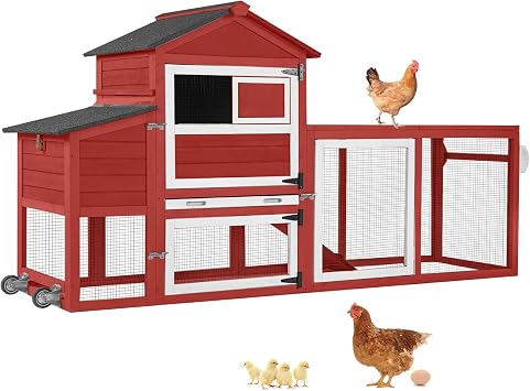 Aivituvin Mobile Chicken Coop with Wheels for 4-6 Chickens, Backyard Expandable Chicken House Duck Cage with Run, 2 Nesting Boxes, Easy Clean Pull-Out Tray, Leak-Resistant Asphalt Roof, 82.4"Red