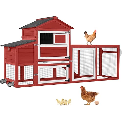 Aivituvin Mobile Chicken Coop with Wheels for 4-6 Chickens, Backyard Expandable Chicken House Duck Cage with Run, 2 Nesting Boxes, Easy Clean Pull-Out Tray, Leak-Resistant Asphalt Roof, 82.4"(Red)