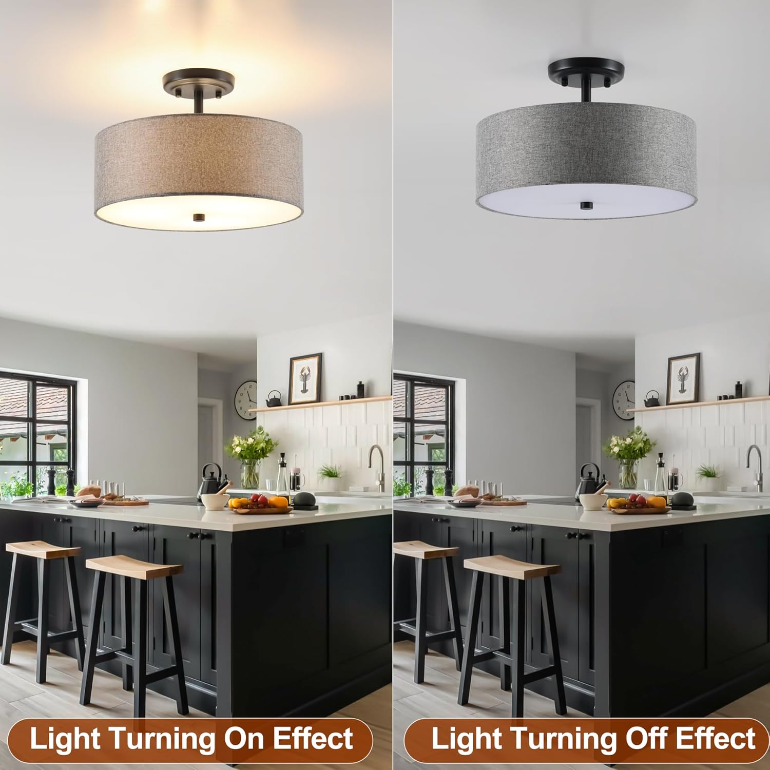 13.8 Inch Semi Flush Mount Ceiling Light Fixture, 3-Light Modern Farmhouse Drum Pendant with Fabric Shade for Bedroom Hallway Entryway Living Room (Gray+Black)