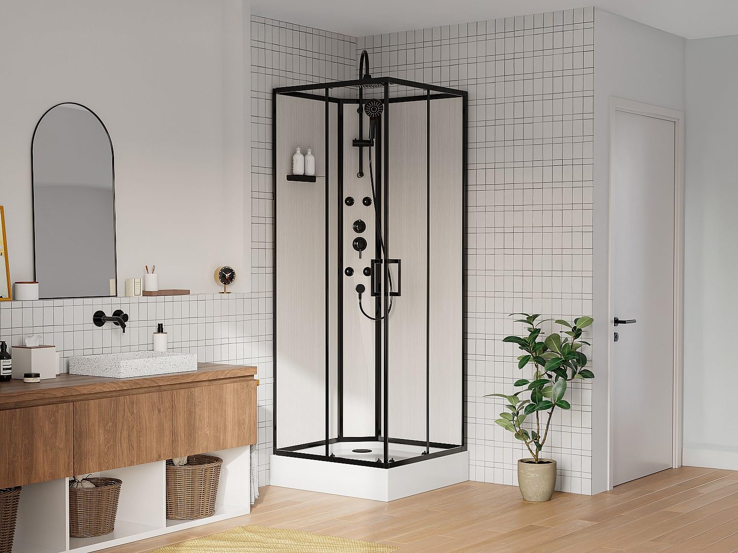 Vente-unique-Cabina de ducha de hidromasaje de fibra de bamb˙ - Negro mate - L80 x W80 x H225 cm - ARDALI