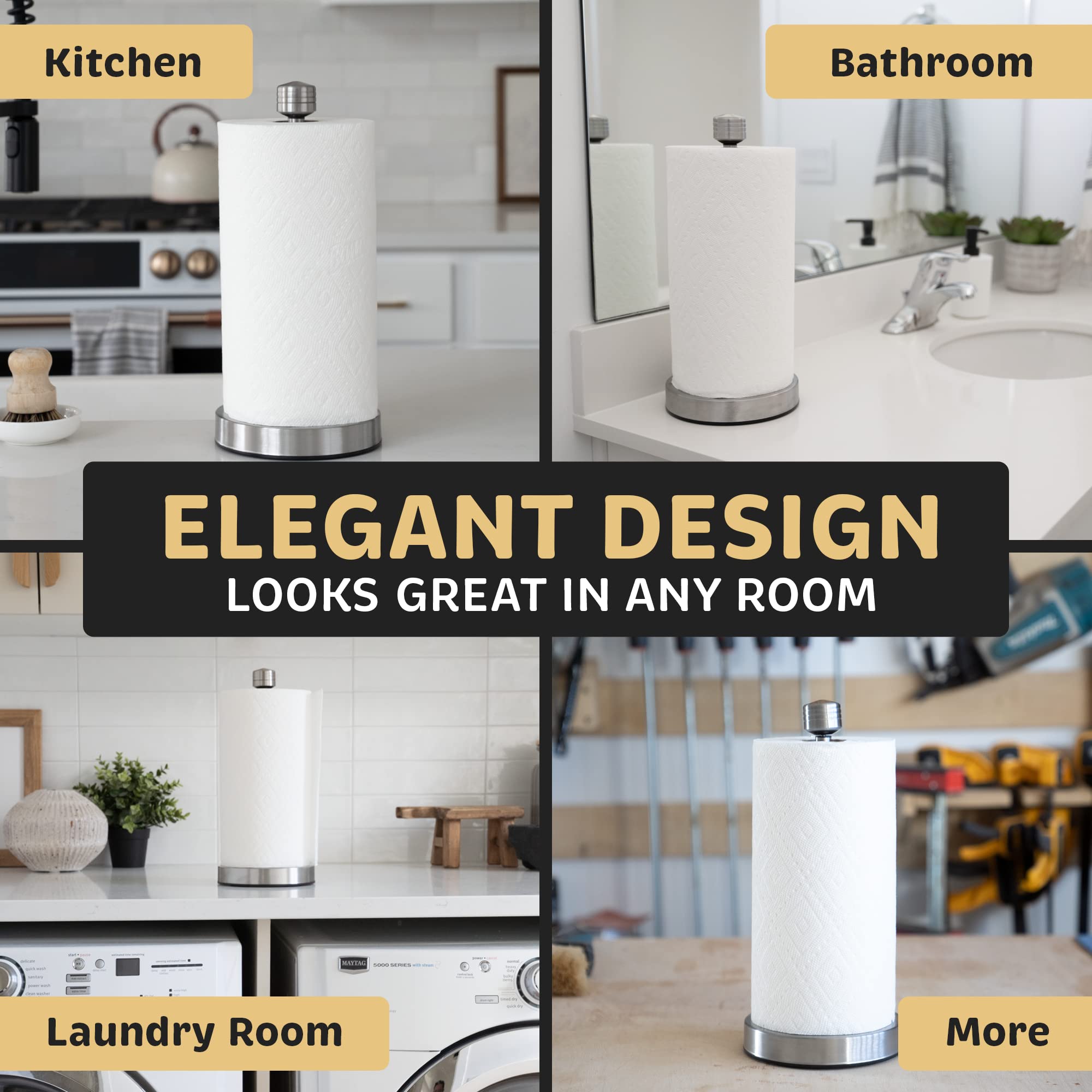Stainless Steel Paper Towel Holder Designed for Easy One-Handed Operation - This Sturdy Weighted Paper Towel Dispenser Countertop Model Has Suction Cups and Holds All Paper Towel Rolls - Image 5