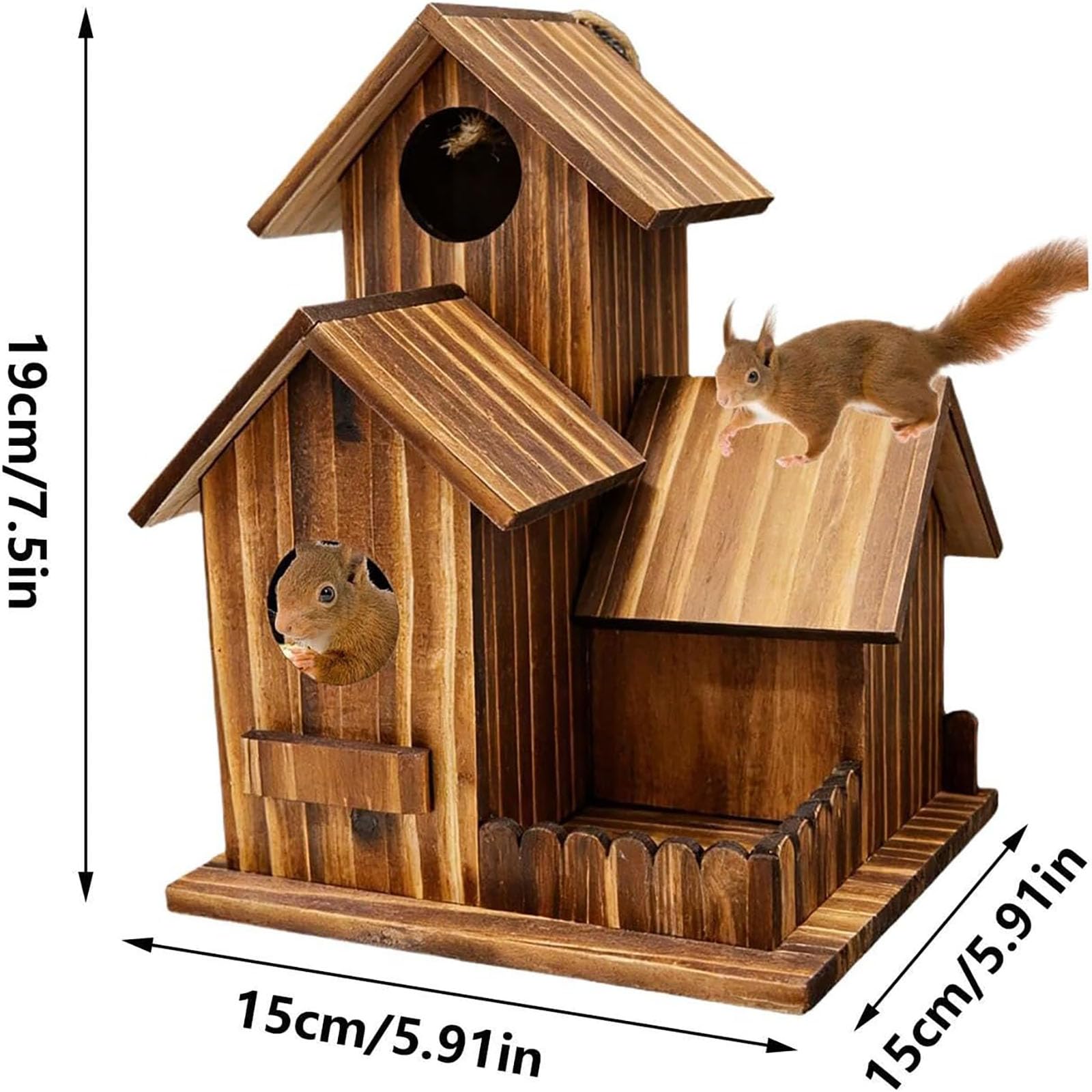 Mangiatoia per scoiattoli in legno per esterni, design a tre stanze con tetto flessibile, ideale per giardino, terrazza, patio, balcone, cortile