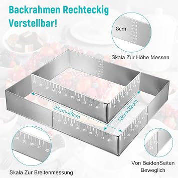 Baking Frame Rectangular Adjustable, 8 cm High Stainless Steel Rectangular Baking Mould Reusable Cake Mould Square Baking Frame Square with Graduated for Baking/Layering Cakes (W 18-32 cm x L