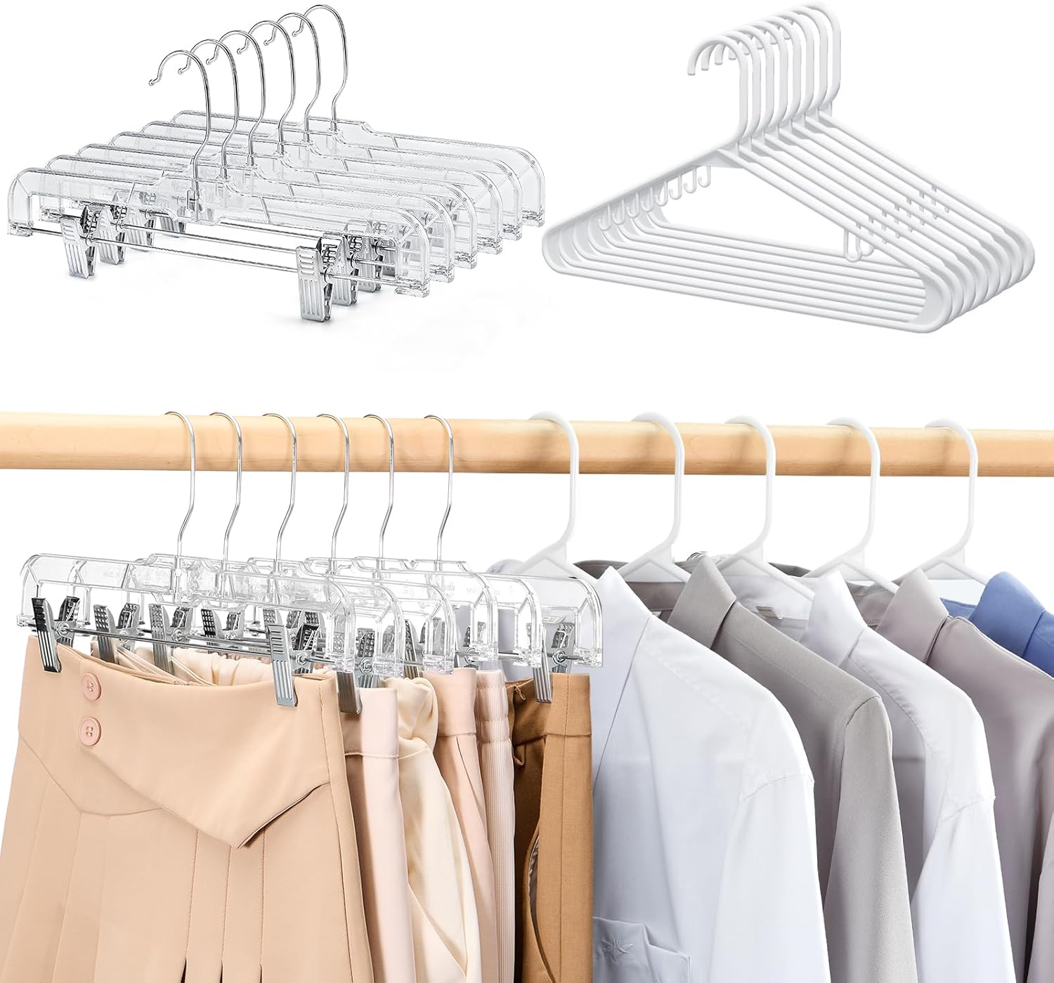 Clear Pants Hangers 12 Pack and White Plastic Hangers 60 Pack