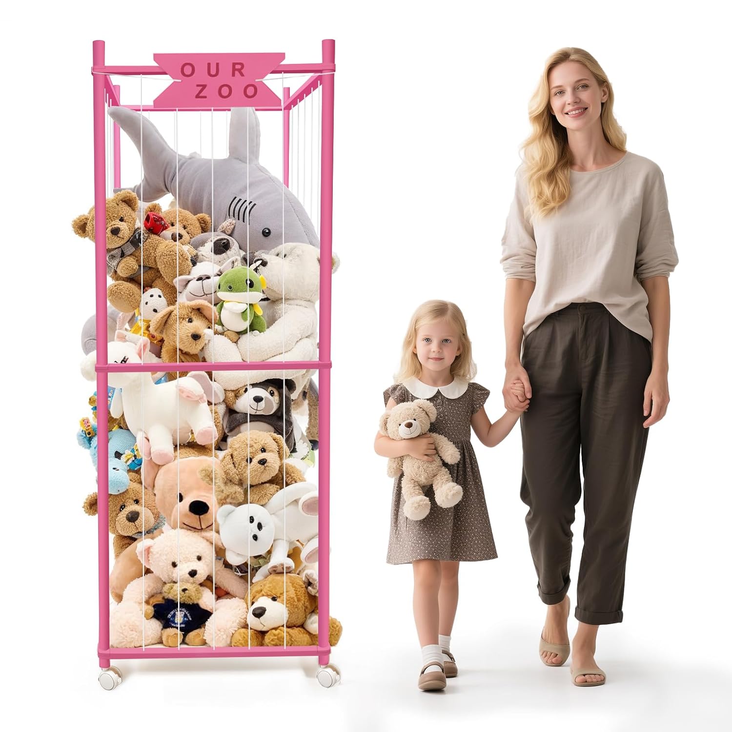 Stuffed Animal Storage Zoo with Wheels, Wooden Large Stuff Animals Plushies Holder Toy Organizer Kids Plush Storage Cage with Elastic Band and Net for Nursery Playroom Corner for Toddler (Pink)