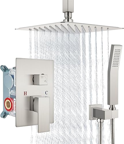 Miniatura 10 de Aolemi Sistema de ducha de montaje en techo, cabezal de ducha de lluvia con rociador de mano de alta presión, juego de grifo de ducha con válvula