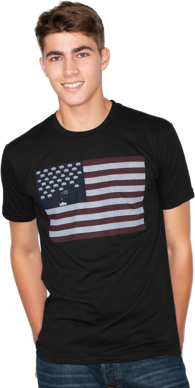Headline Shirts Men's Black Poly/Cotton Space Invaders Flag Video Games T-Shirt