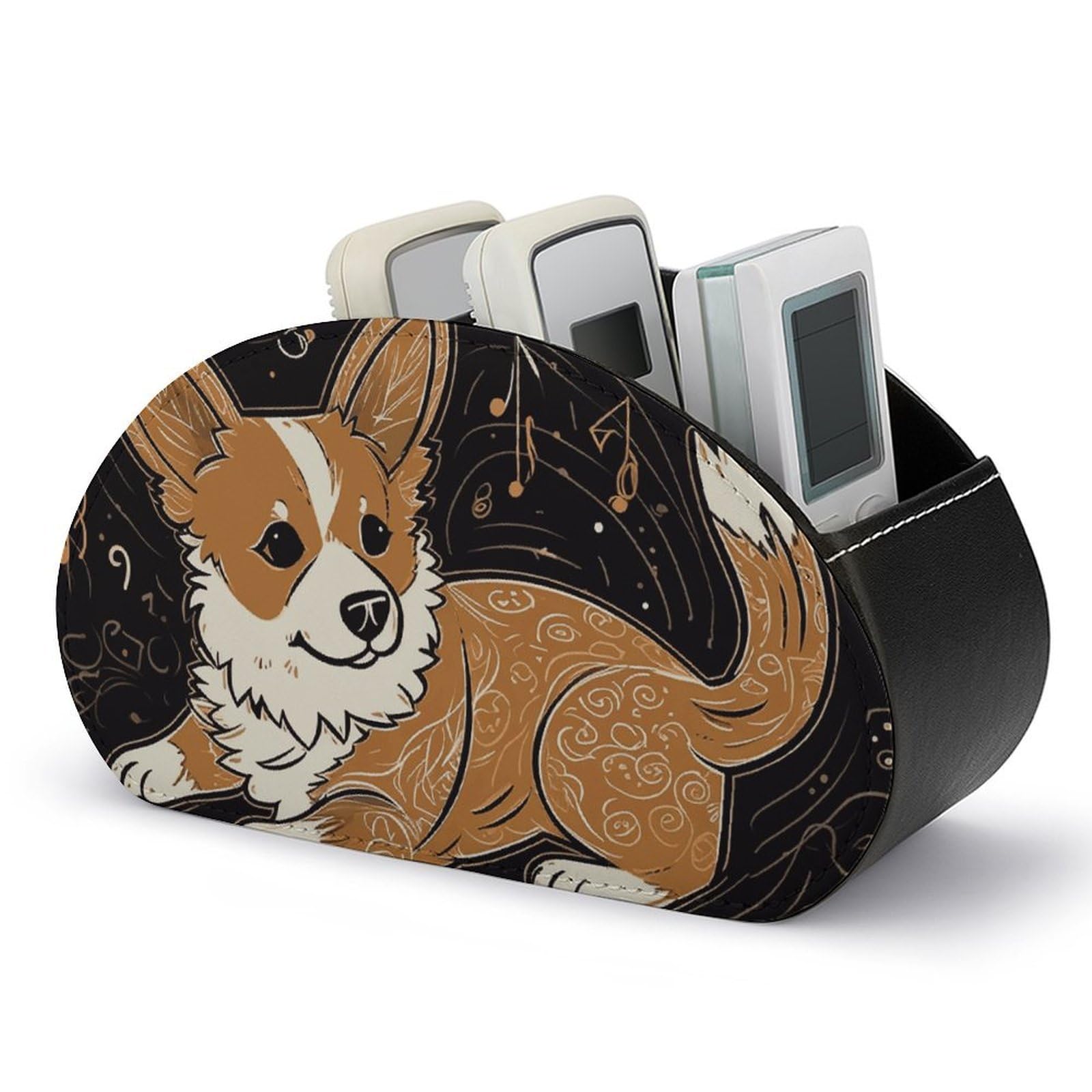 JTREHY Corgi Who Loves Music Remote Holder with 5 Compartments PU Leather Remote Caddy Box Multifunction Desk Holder Organizer Box Tray Bedside Table Storage Organizer
