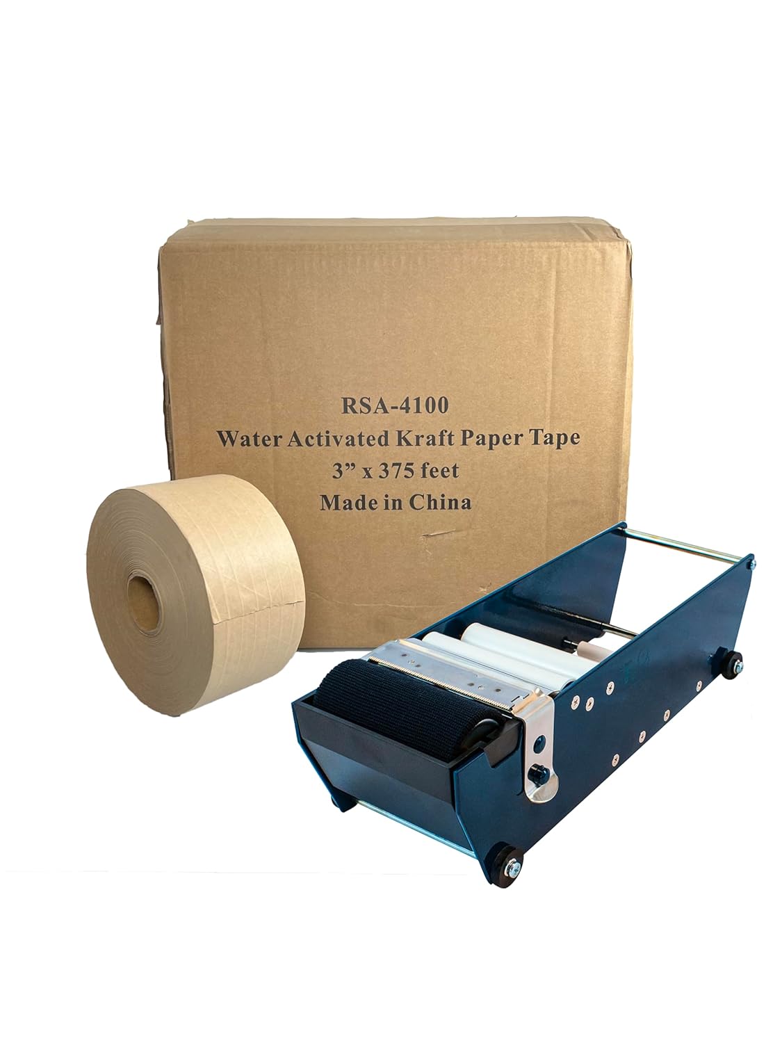 3" x 375' Reinforced Kraft Paper Tape Rolls & Dispenser Kit - Gummed Brown Water Activated Tape Dispenser - RSA 4100 (8 Rolls)