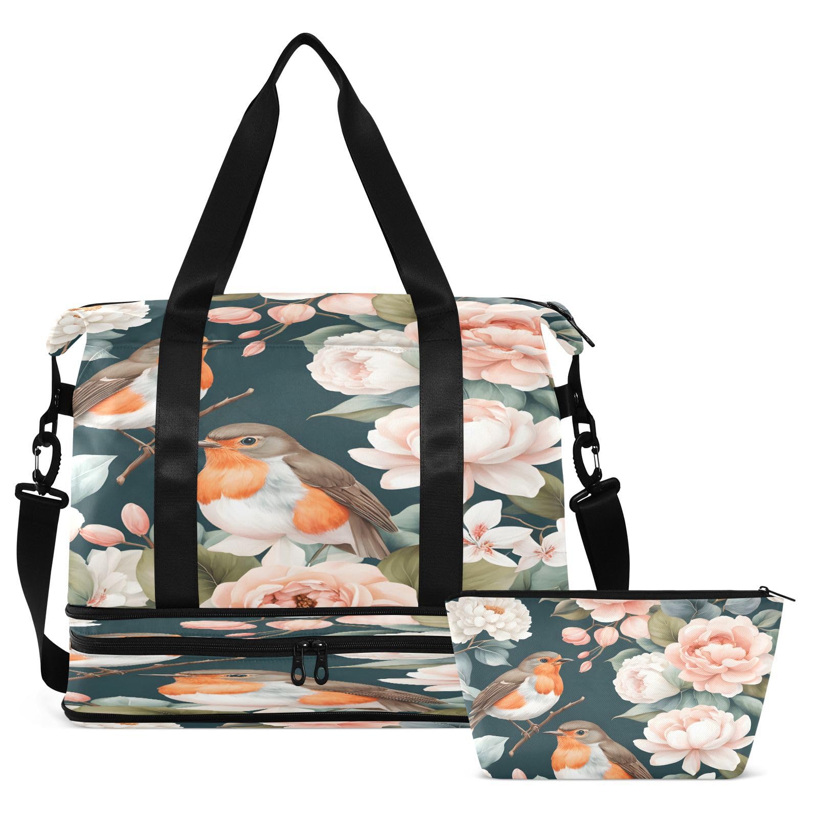 Borsa sportiva da palestra per uomini e donne, con pettirosso, pesca, rose, fiori, borsone da viaggio con scomparto per scarpe pieghevole, borsa da yoga per ragazzi e ragazze, borsa per la