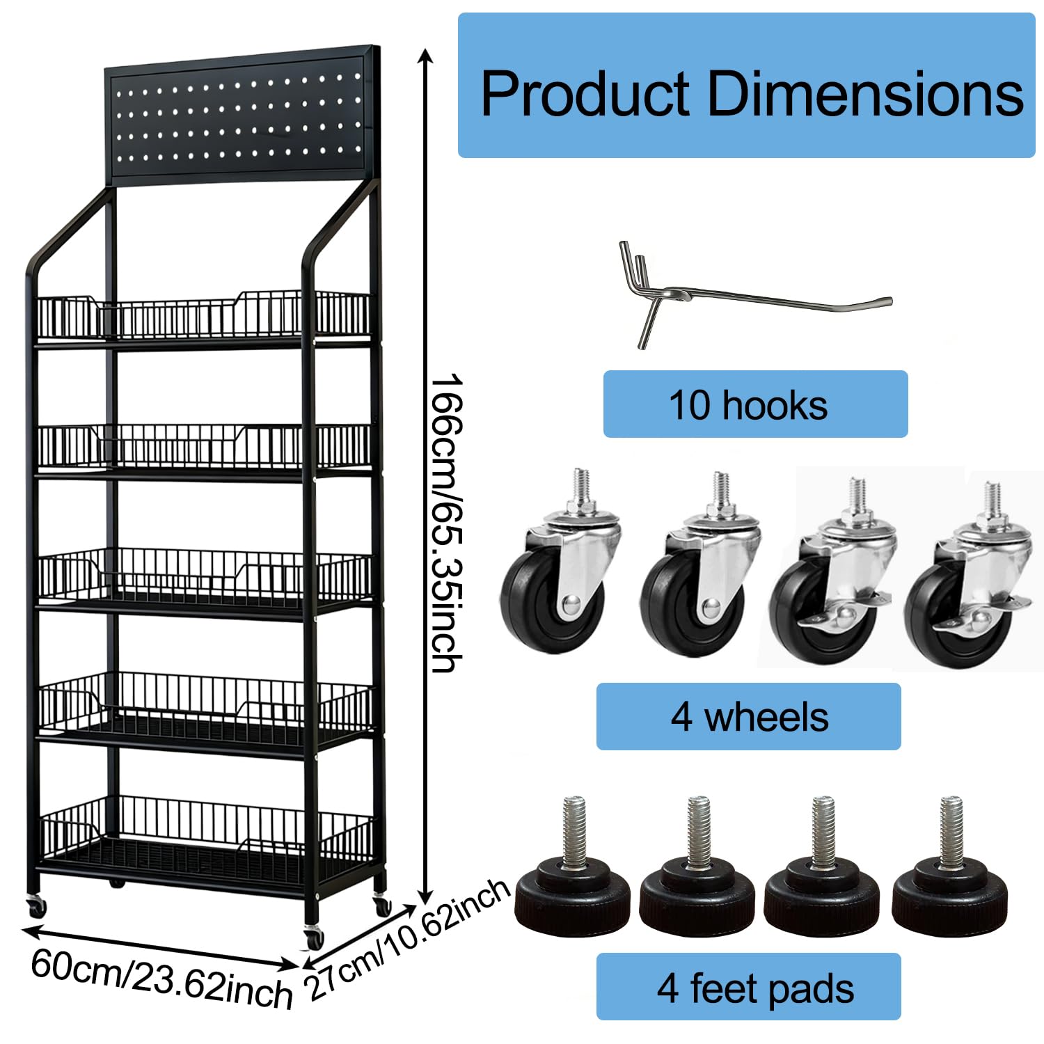 devesanter 5-stufiges Metallregal mit 10 Haken und 4 Rollen,Schwarz | Großzügiges Präsentationsregal für Snacks und Zubehör. Mobil einsetzbar in Handel, Garage, Küche, Wohnzimmer und Büro.