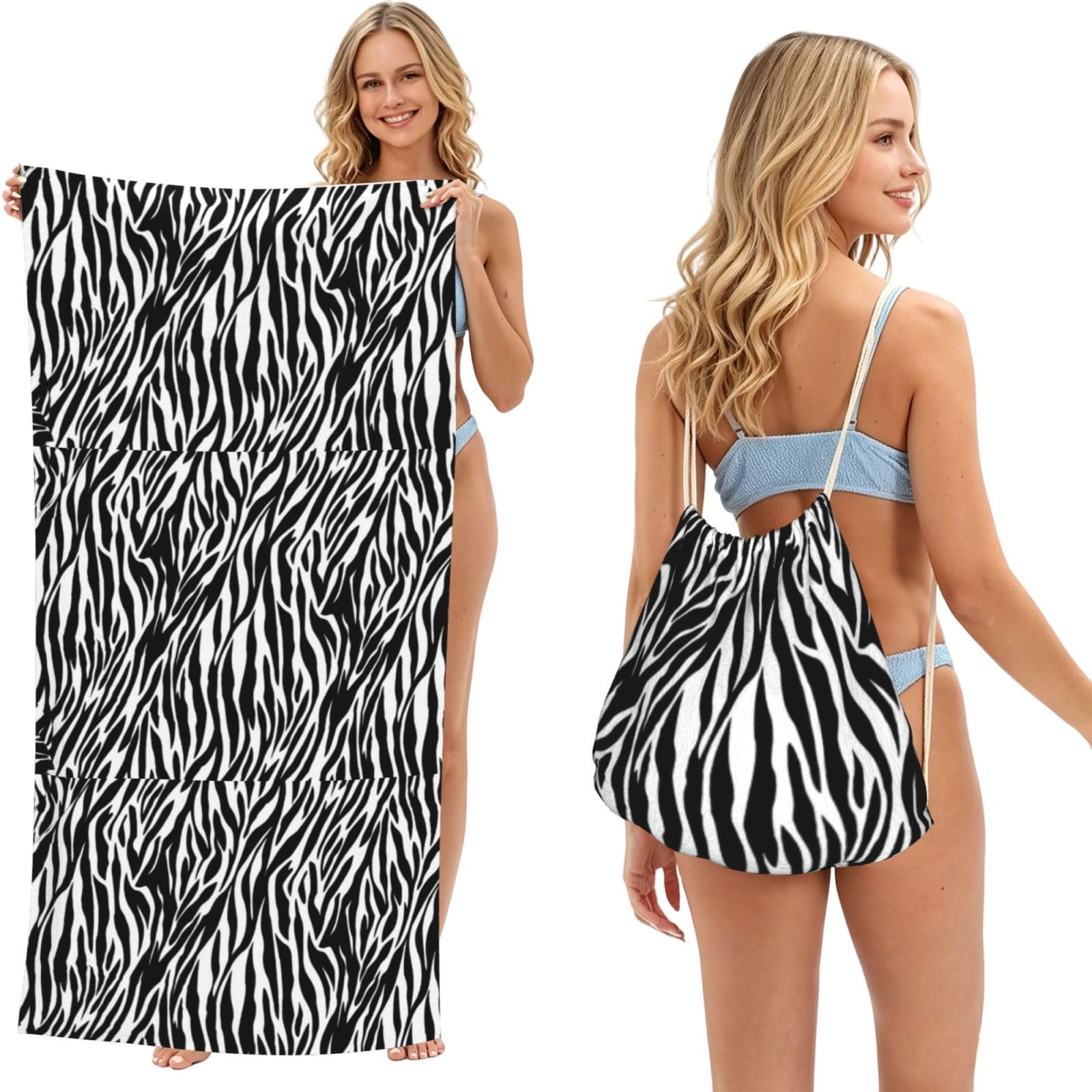 Poadnly As Picture Zebra Texture, 2 In 1 Packable Towel Bag, Beach Towels With Drawstring Backpack For Travel Holiday Camping