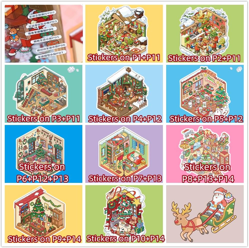 Christmas Sticker Book Collection, 10 Sets 3D Christmas Stickers, DIY 3D Miniature House Stickers Collection Book, Make Gifts for Adults and Kids, Fun Simulated Scene Game for Girls