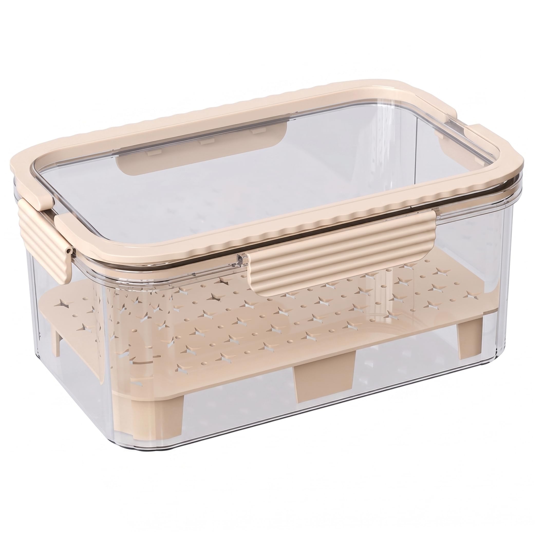 Bemonew Fresh Fruit Containers for Fridge, Airtight Salad Keeper Double-Layer Storage Box for Camping/Office/Home, Beige