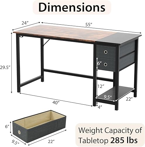 Miniatura 3 de Tangkula Escritorio para computadora de 55 pulgadas con 2 cajones, moderno escritorio de oficina en casa con gancho para colgar y estante de