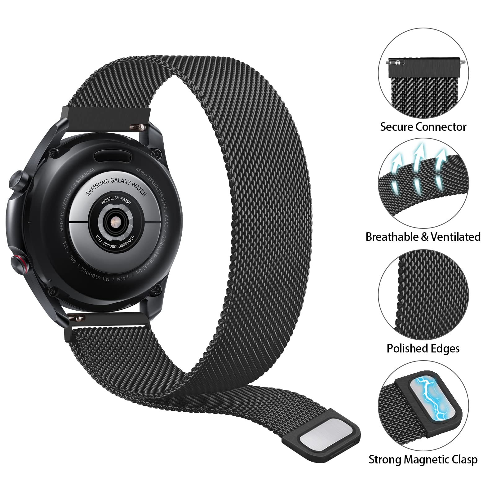 TRUMiRR Cinturino Per Xiaomi Mi Watch E Amazfit GTR 2e | 22mm Acciaio Inossidabile Nero | Chiusura Magnetica Doppia