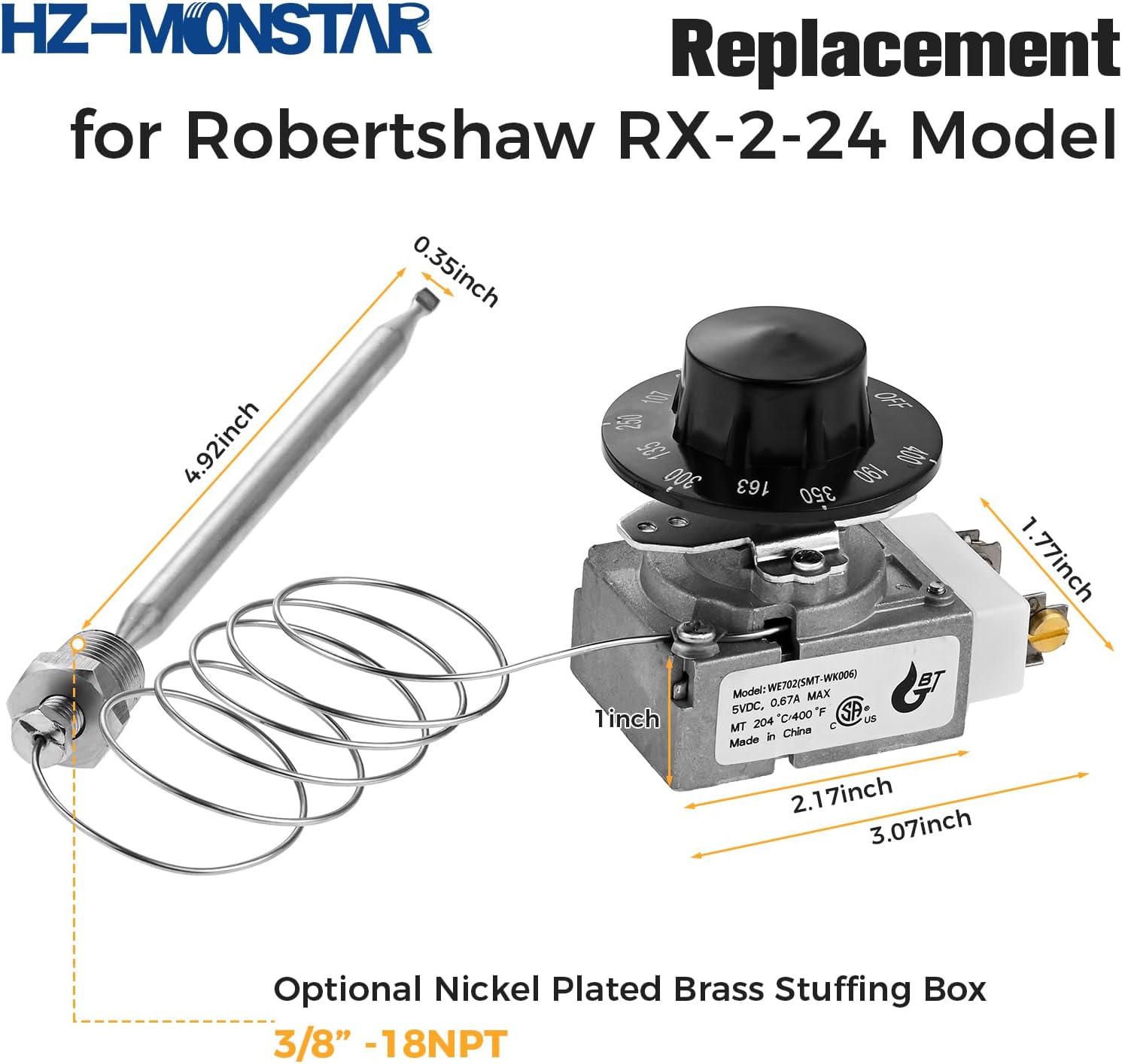 RX-2-24 Thermostat for Deep Fryer, Minivolt Thermostat Control for Fryer 3/8" Mpt Stuff Box Compatible with ADCRAFT Parts Fits Gas Fryer Adcraft Atosa 301030004 Robertshaw 5300-402 200-400F