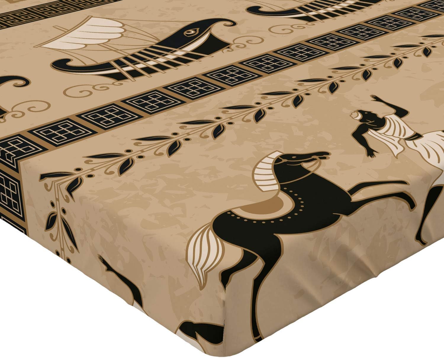 Ambesonne Odyssey Fitted Sheet, Antique Greek Pattern Horses Royals and Men with Myth Themed Sailboats, Bed Cover with All-Round Elastic Deep Pocket for Comfort, Queen Size, Ecru and Multicolor