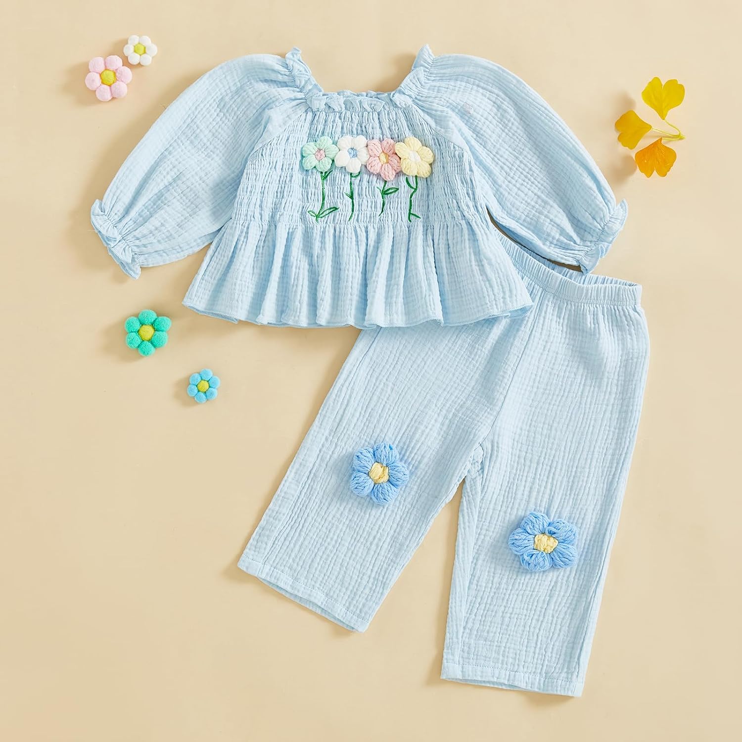 Amnnchya Toddler Baby Girl Outfits Infant Puff Sleeve Smocked Floral Tops Pants Cute Kids Girls Fall Winter Clothes Set