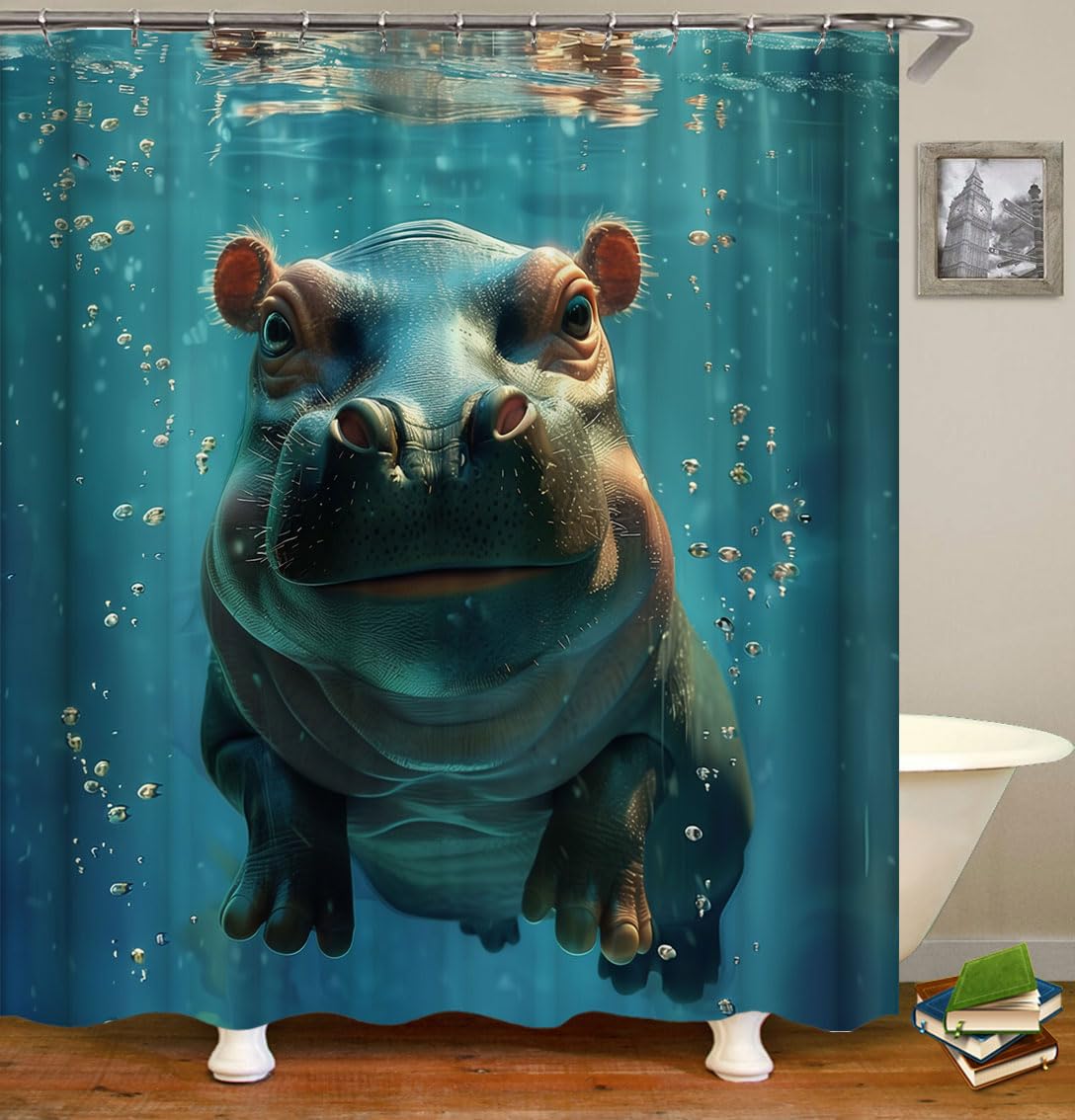 HUAZIYU Hippo Shower Curtains Set, Fabric Funny Animal Cute Diving Hippopotamus Blue Sea Water, for Bathroom Decor, with Hooks 70 x 70 Inches