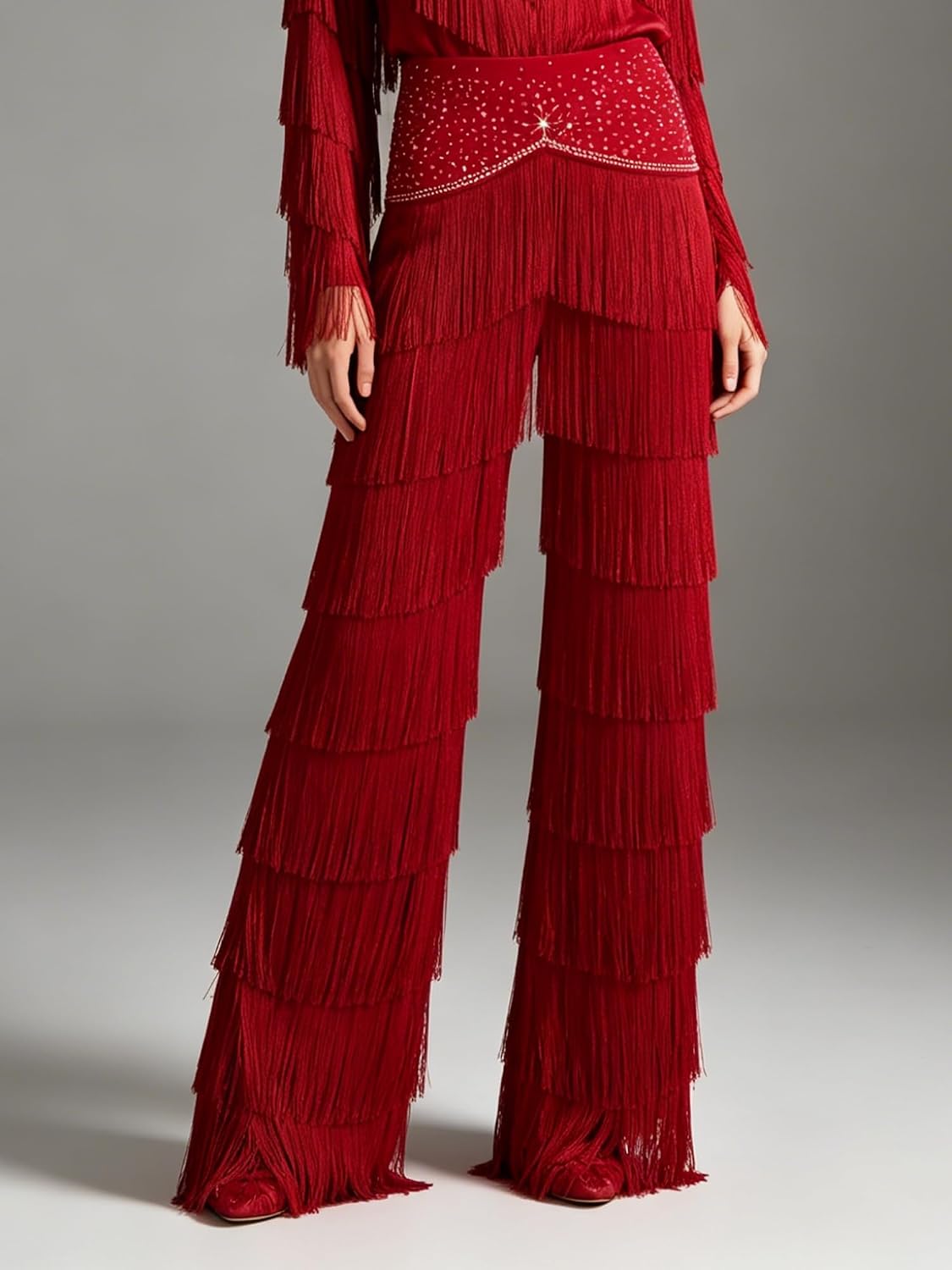 Freebily Women Latin Salsa Training Ballroom Trousers Layered Tassel Elastic Waist Professional Pants for Dance