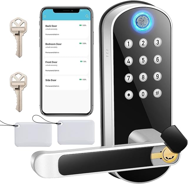 Keyless Entry Door Lock with Handle, Keypad Door Lock, Smart Locks for Front Doors, Fingerprint Biometric Lock, Keypad Entry Lock, Passcode Code Lock, Digital Smart Lock (Silver)