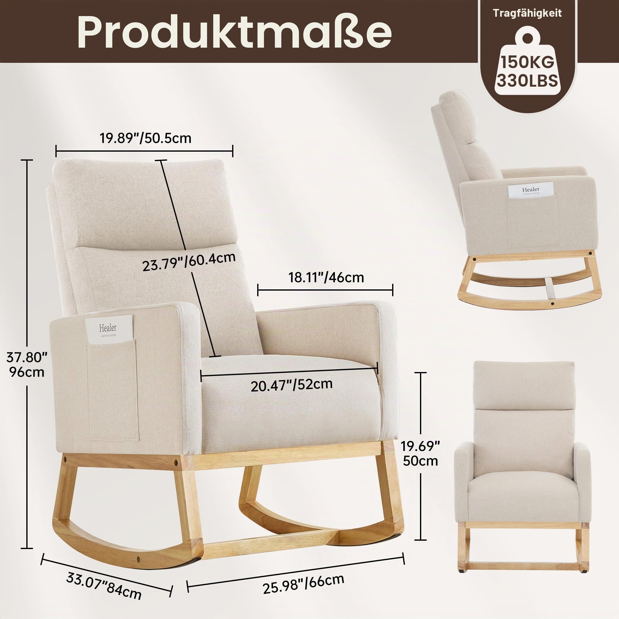 Schaukelstuhl Stillsessel Schaukelsessel, Gepolsterter Stillstuhl mit Holzbeinen & Seitentaschen, Hochlehner Stillen Sessel für Wohnzimmer, Schlafzimmer, Babyzimmer