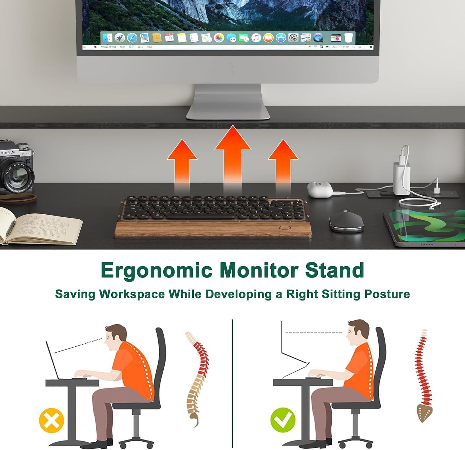 Diagram illustrating ergonomic posture with a monitor stand