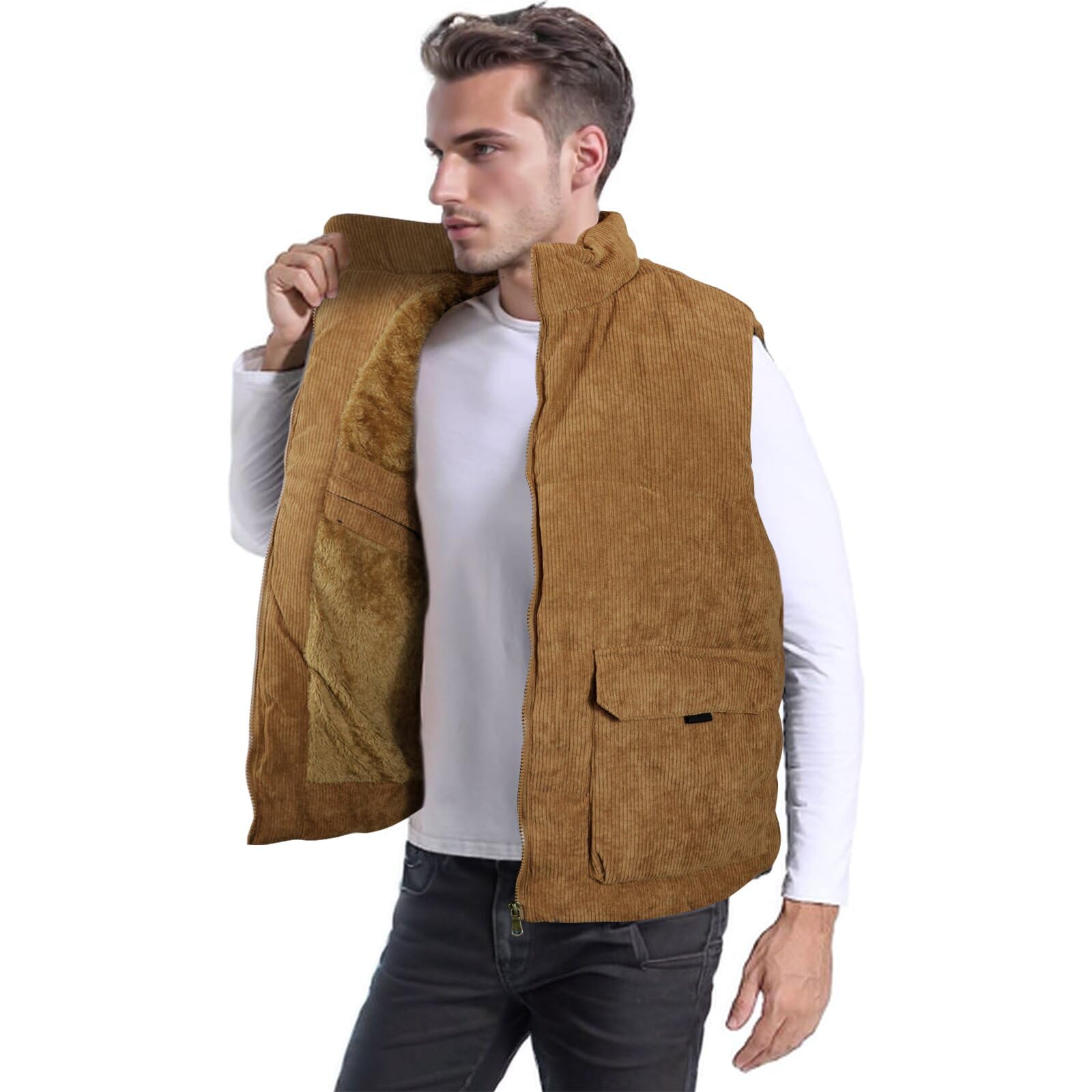 Hombre Chaleco de Pana, Chaqueta con Forro Polar Calentador sin Mangas Acolchada, Chalecos Invierno con Cremallera