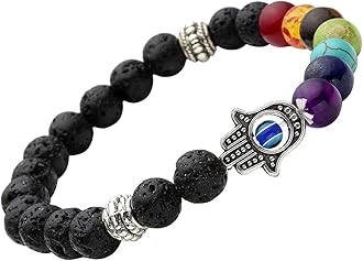 Spiritual 8mm Lava Rock Beads with 7 Chakra Evil Eye Stylish Unisex Bracelet (rrsd9373b)