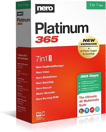 Nero Platinum 365 | All-in-One Multimedia Suite | Video Editing 4K/8K | Photo AI Organising | Music & Media Tools | Convert & Burn | Backup & PC Optimisation | 1 Year License | 1 PC | Win 11/10