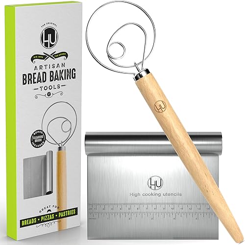 Miniatura 10 de LHU Batidor holandés danés original prémium para mejores recetas de masa de pan y rebozado, acero inoxidablemadera de haya, incluye cepillo de