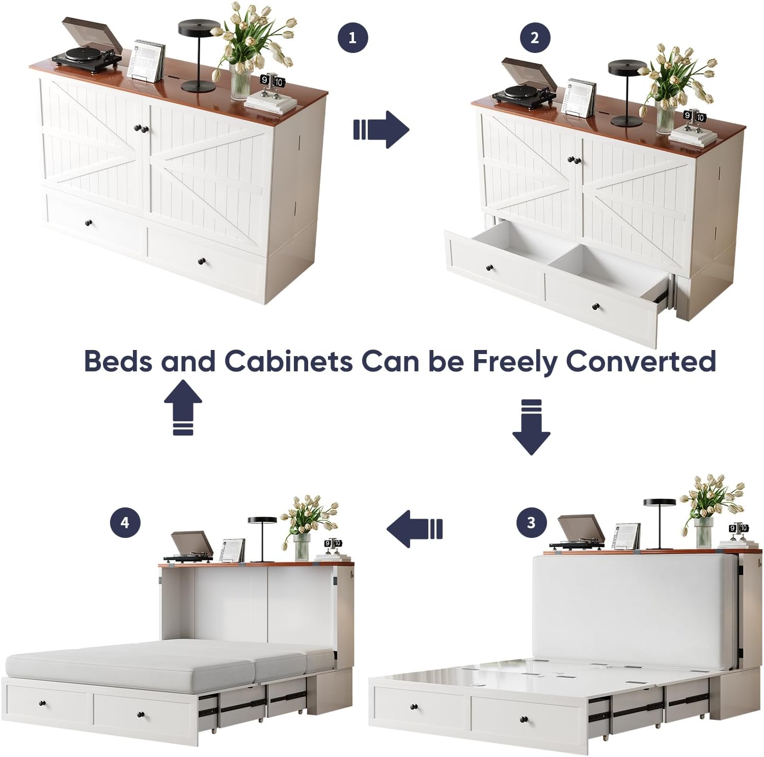 ijuicy Full Murphy Bed with Storage & Multifunctional Charging Station, Farmhouse Murphy Cabinet Bed with Foldable Panel, Space-Saving Beds for Guest Bedroom,Living Room(White & Brown, with Mattress)