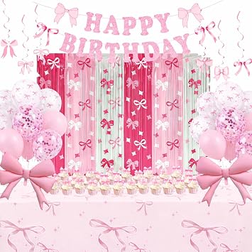 Pink Bow Birthday Decorations with Balloons for Girls, 70PCS Party Decor Set with Banner, Backdrop Curtain, Tablecloth, Hanging Swirls and Cake Toppers