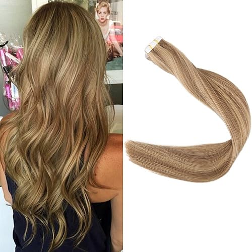Miniatura 61 de Fshine Extensiones de cabello humano con cinta, 12 pulgadas, 1.06 oz, balayage, castaño a rubio platino, 20 unidades, cabello Remy lacio invisible