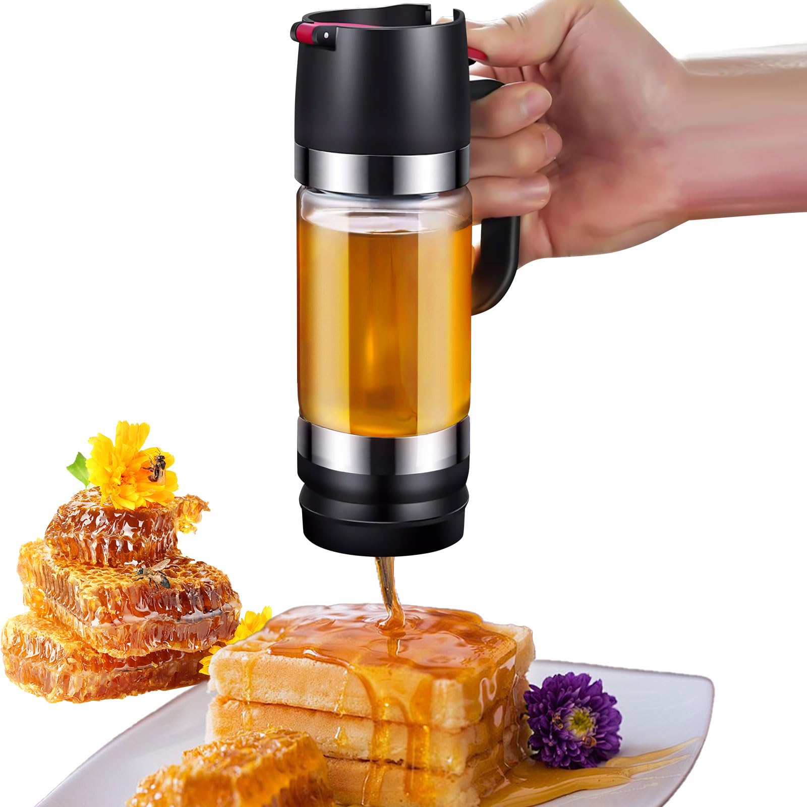 Honigspender 9 OZ Honigspender Glas, Honigspender Tropffrei Glas 300 ML Sirupspenderglas mit Henkel für Honig, Sirup, Ahornsirup, Marmelade, Kaffee und Tee, Schwarz