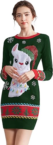 Miniatura 3 de v28 Vestido feo tipo suéter de Navidad para mujer, tejido, con divertido diseño de renos.