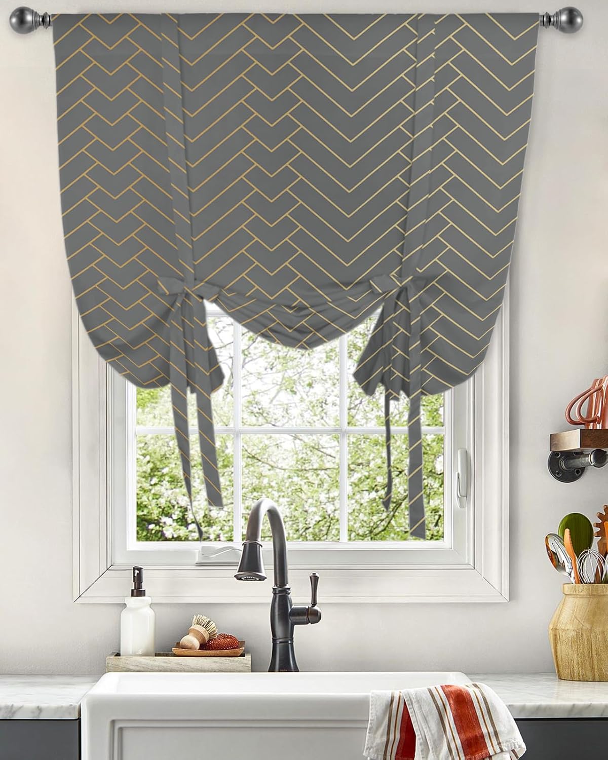 YOKOU Bow Look Tie Up Balloon Curtain, Herringbone Geometric Modern Pattern Gold Gray Adjustable Rod Pocket Window Shades Drape for Living Room, Bedroom，Kitchen 1 pcs 46 x63 inch